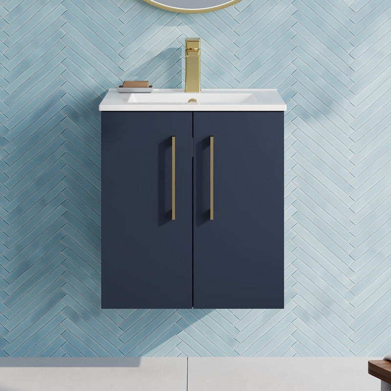 Lana 500mm Wall Hung 2 Door Vanity Unit & Basin - Satin Midnight Blue