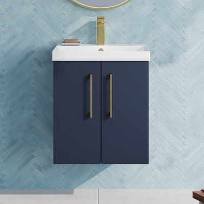 Lana 500mm Wall Hung 2 Door Vanity Unit & Basin - Satin Midnight Blue