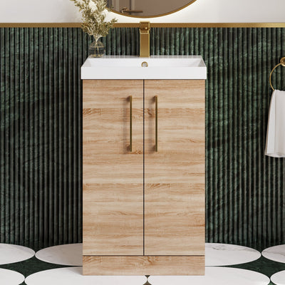 Lana 500mm Floorstanding 2 Door Vanity Unit & Basin - Bleached Oak