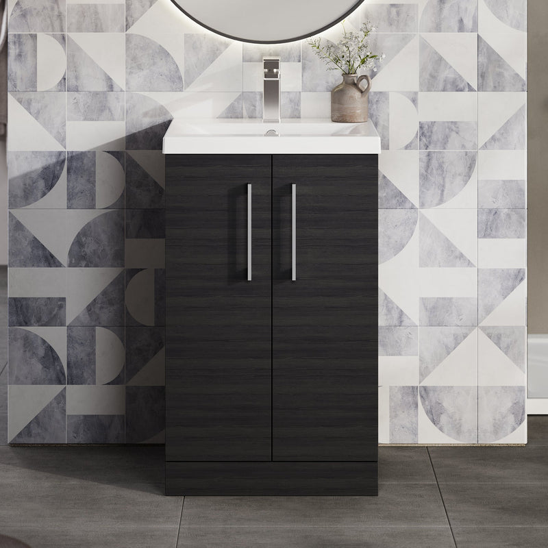 Lana 500mm Floorstanding 2 Door Vanity Unit & Basin - Charcoal Black Woodgrain