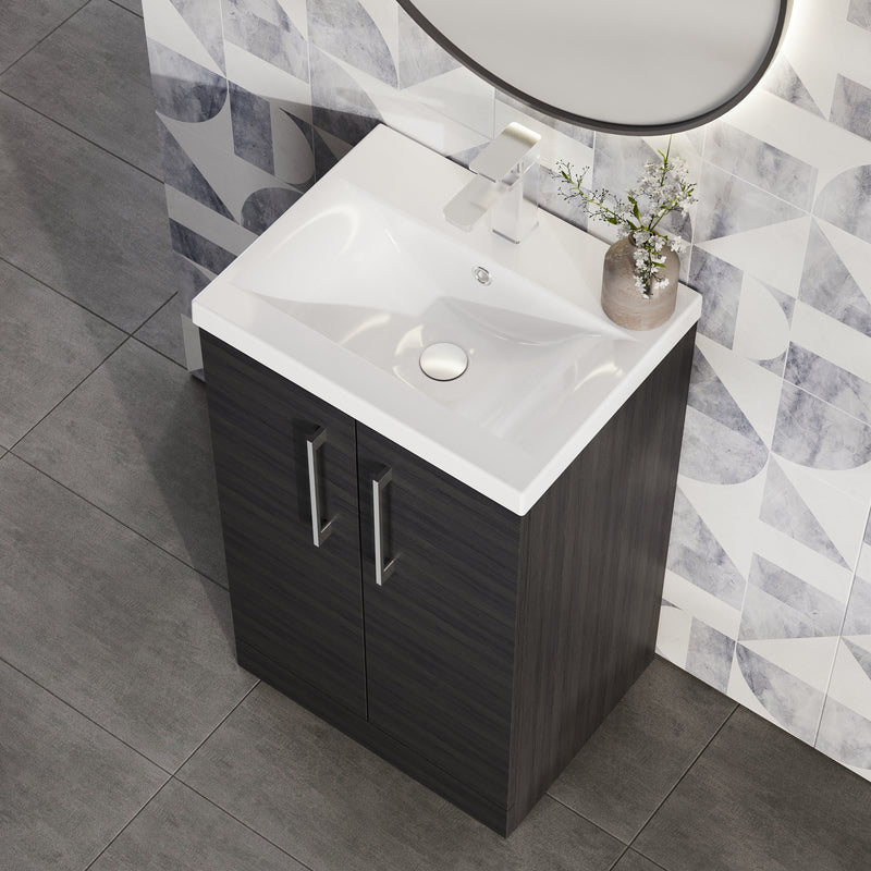 Lana 500mm Floorstanding 2 Door Vanity Unit & Basin - Charcoal Black Woodgrain