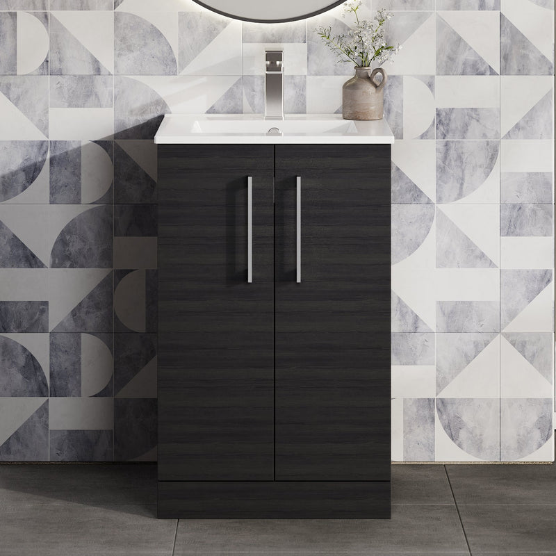 Lana 500mm Floorstanding 2 Door Vanity Unit & Basin - Charcoal Black Woodgrain