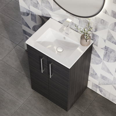 Lana 500mm Floorstanding 2 Door Vanity Unit & Basin - Charcoal Black Woodgrain