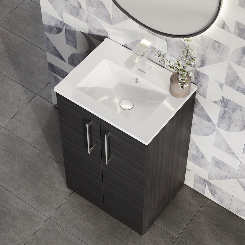 Lana 500mm Floorstanding 2 Door Vanity Unit & Basin - Charcoal Black Woodgrain