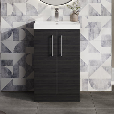 Lana 500mm Floorstanding 2 Door Vanity Unit & Basin - Charcoal Black Woodgrain
