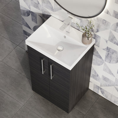 Lana 500mm Floorstanding 2 Door Vanity Unit & Basin - Charcoal Black Woodgrain