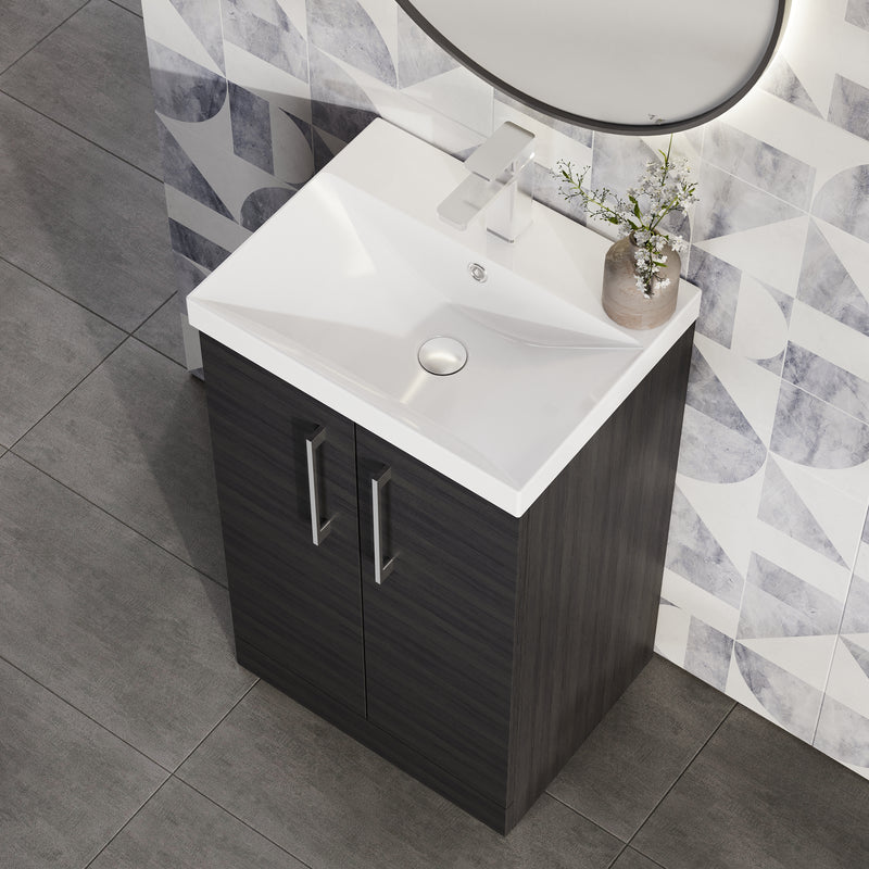 Lana 500mm Floorstanding 2 Door Vanity Unit & Basin - Charcoal Black Woodgrain