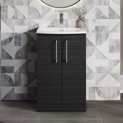 Lana 500mm Floorstanding 2 Door Vanity Unit & Basin - Charcoal Black Woodgrain