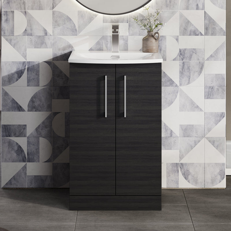 Lana 500mm Floorstanding 2 Door Vanity Unit & Basin - Charcoal Black Woodgrain