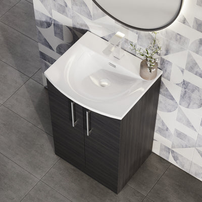 Lana 500mm Floorstanding 2 Door Vanity Unit & Basin - Charcoal Black Woodgrain