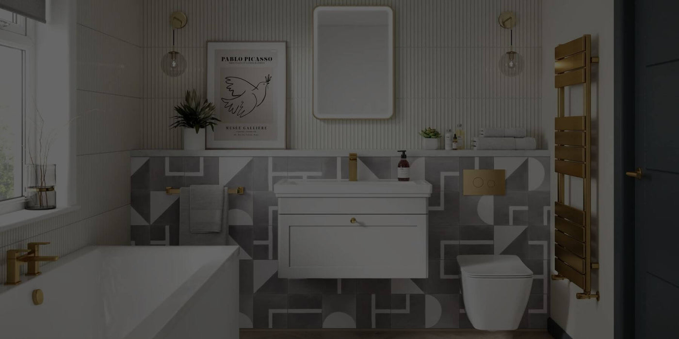 Save and spend in the BathLab.co.uk Black Friday bathroom sale - image  shows a modern bathroom featuring our Classique Satin White vanity unit and brushed brass fittings