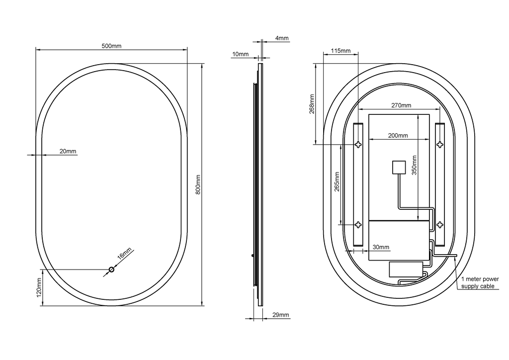 Cleo Capsule 50 x 80cm Illuminated Mirror - Dimensions