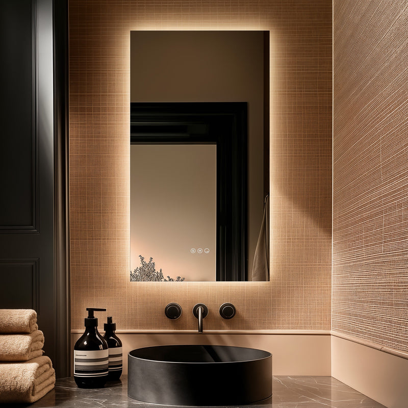 Claris Rectangular 50 x 90cm LED bathroom mirror with touch sensor and backlit frame, styled in a luxury bathroom with matt black tap and modern basin - Origins Living mirror at BathLab