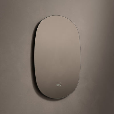 Claris Curve Oblong 70 x 78cm LED bathroom mirror on grey background - Origins Living mirror at BathLab