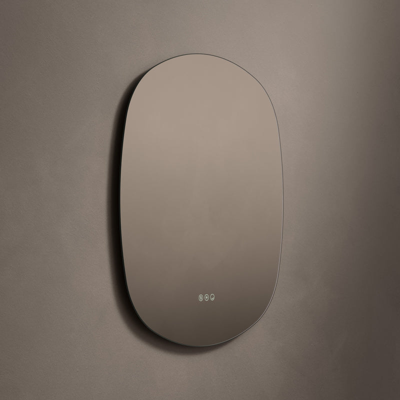Claris Curve Oblong 70 x 78cm LED bathroom mirror on grey background - Origins Living mirror at BathLab