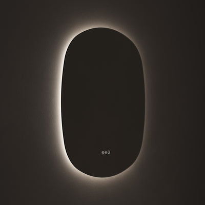 Claris Curve Oblong 70 x 78cm LED bathroom mirror on dark background - Origins Living mirror at BathLab