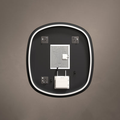 Rear view showing mounting and wiring details for Claris Curve Oblong 70 x 78cm LED bathroom mirror - BathLab