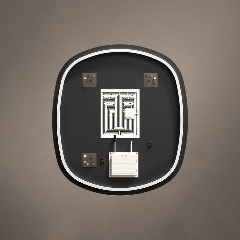 Rear view showing mounting and wiring details for Claris Curve Oblong 70 x 78cm LED bathroom mirror - BathLab
