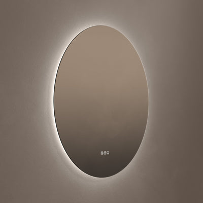 Claris Round 80cm LED bathroom mirror on grey background - Origins Living mirror at BathLab