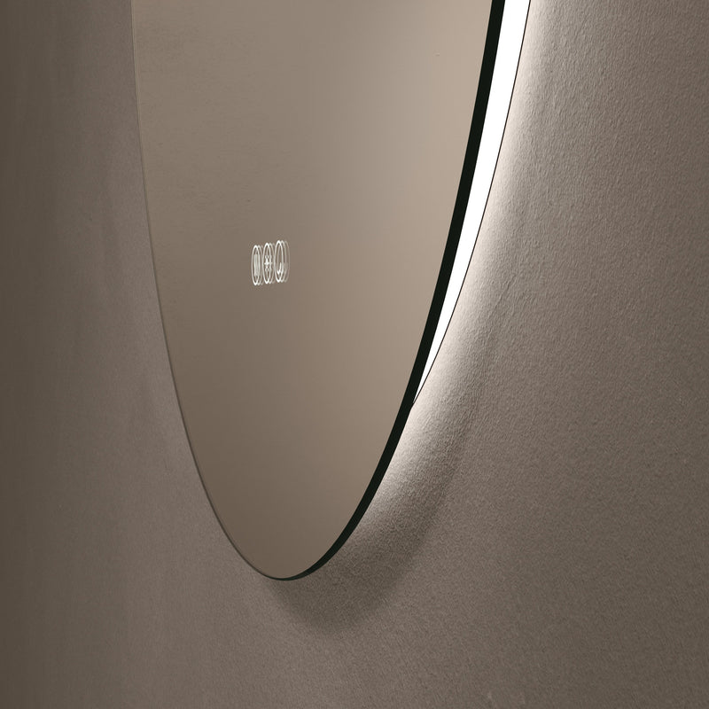 Close-up of dotless lighting on Claris Round 80cm LED mirror - Origins Living mirror by BathLab