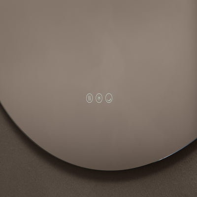 Close-up of touch sensor and demister feature on Claris Round 80cm LED mirror - Origins Living mirror by BathLab