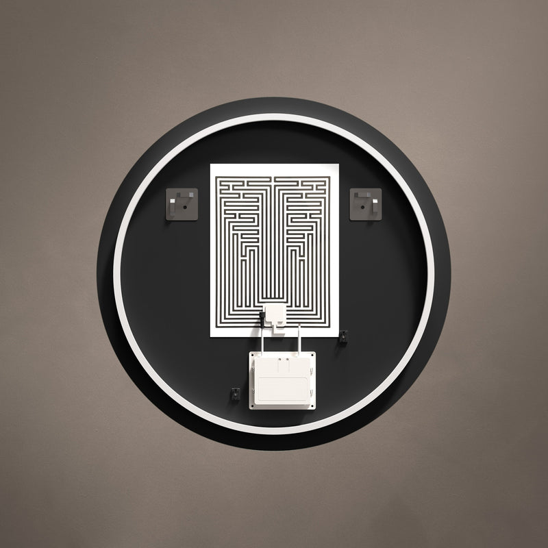 Rear view showing mounting and wiring details for Claris Round 80cm LED bathroom mirror - BathLab