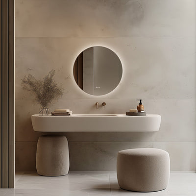 Claris Round 80cm LED bathroom mirror with touch sensor and backlit frame, styled in a warm neutral bathroom with brushed brass tap and modern basin - Origins Living mirror at BathLab