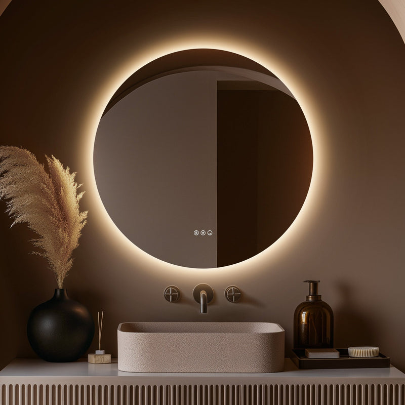 Claris Round 80cm LED bathroom mirror with touch sensor and backlit frame, styled in a warm neutral bathroom with brushed bronze tap and modern basin - Origins Living mirror at BathLab