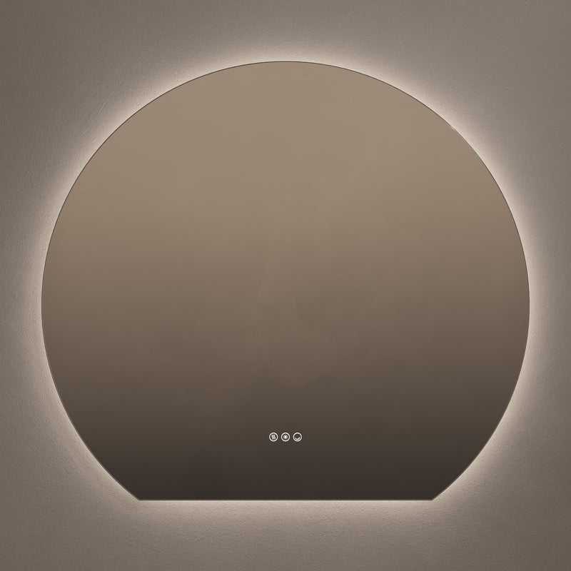 Claris Round Cut 100 x 90cm LED bathroom mirror on grey background - Origins Living mirror at BathLab