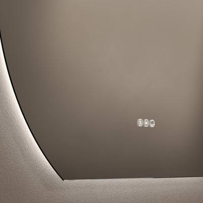 Close-up of touch sensor and demister feature on Claris Round Cut 100 x 90cm LED mirror - Origins Living mirror by BathLab
