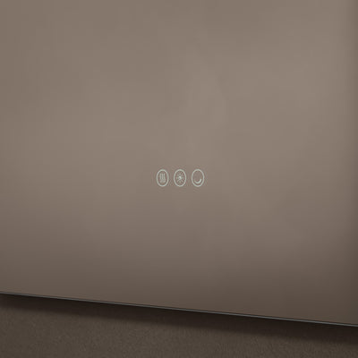 Close-up of touch sensor and demister feature on Claris Round Cut 100 x 90cm LED mirror - Origins Living mirror by BathLab