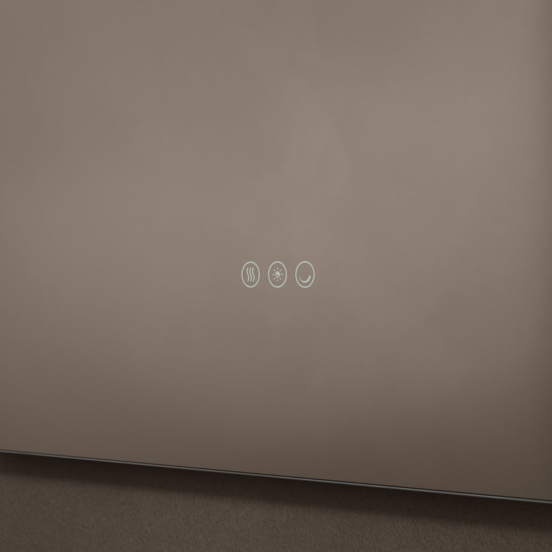 Close-up of touch sensor and demister feature on Claris Round Cut 100 x 90cm LED mirror - Origins Living mirror by BathLab