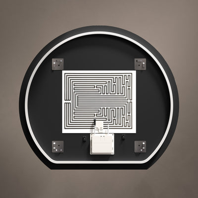 Rear view showing mounting and wiring details for Claris Round Cut 100 x 90cm LED bathroom mirror - BathLab