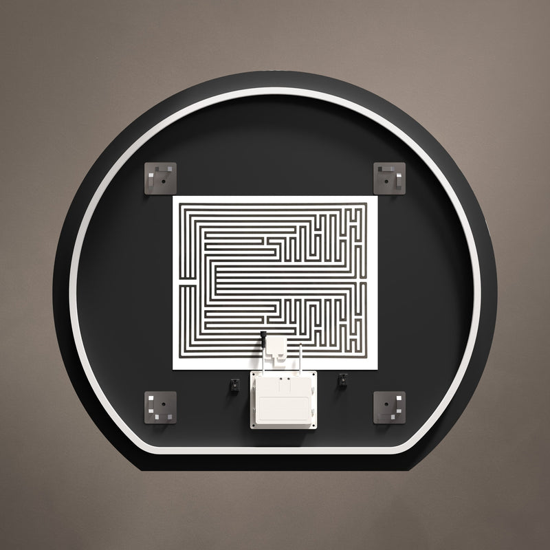 Rear view showing mounting and wiring details for Claris Round Cut 100 x 90cm LED bathroom mirror - BathLab