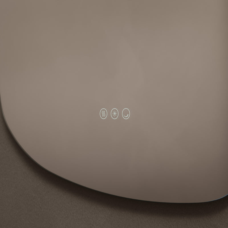 Close-up of touch sensor and demister feature on Claris Organic 60 x 80cm LED mirror - Origins Living mirror by BathLab