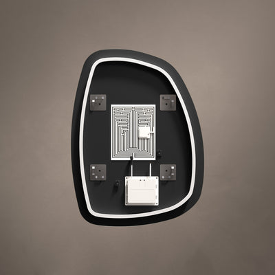 Rear view showing mounting and wiring details for Claris Organic 60 x 80cm LED bathroom mirror - BathLab