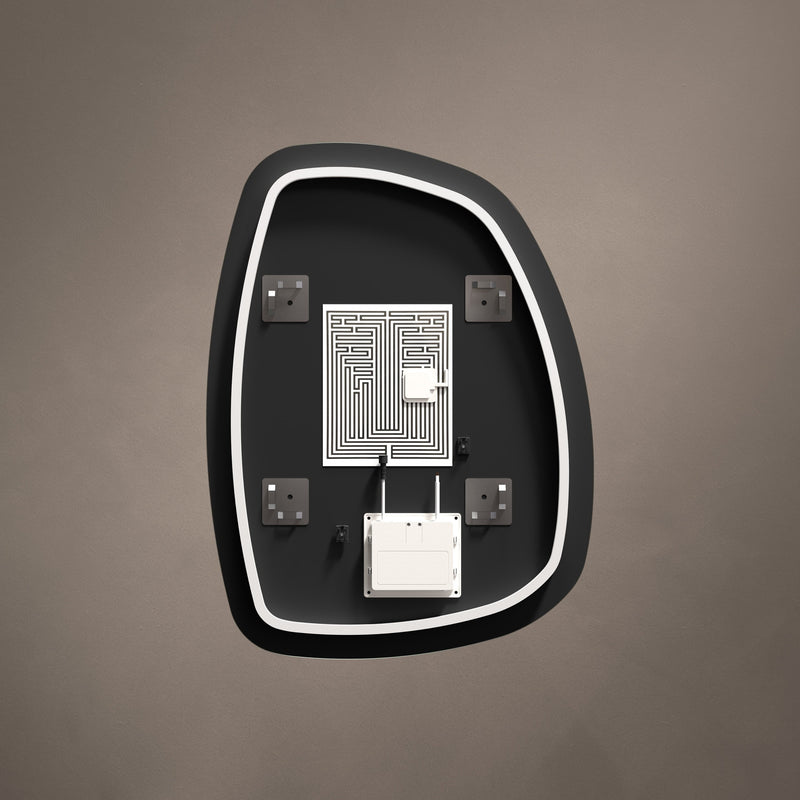 Rear view showing mounting and wiring details for Claris Organic 60 x 80cm LED bathroom mirror - BathLab