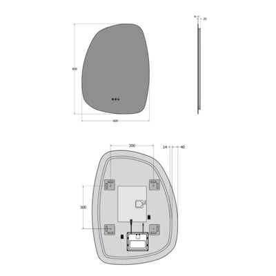 Technical dimensions diagram for Claris Organic 60 x 80cm LED bathroom mirror - Origins Living at BathLab