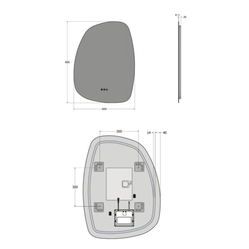 Technical dimensions diagram for Claris Organic 60 x 80cm LED bathroom mirror - Origins Living at BathLab
