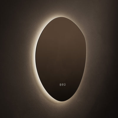 Illuminated Claris Organic 60 x 58cm LED bathroom mirror on dark background - Origins Living mirror at BathLab