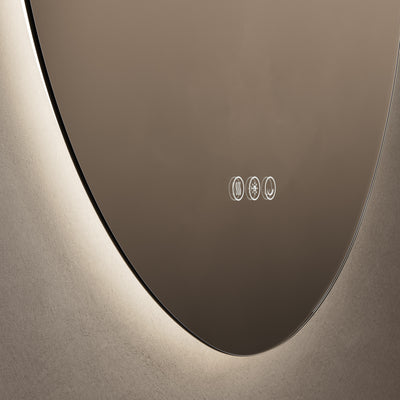 Close-up of touch sensor and demister feature on Claris Organic 60 x 58cm LED mirror - Origins Living mirror by BathLab