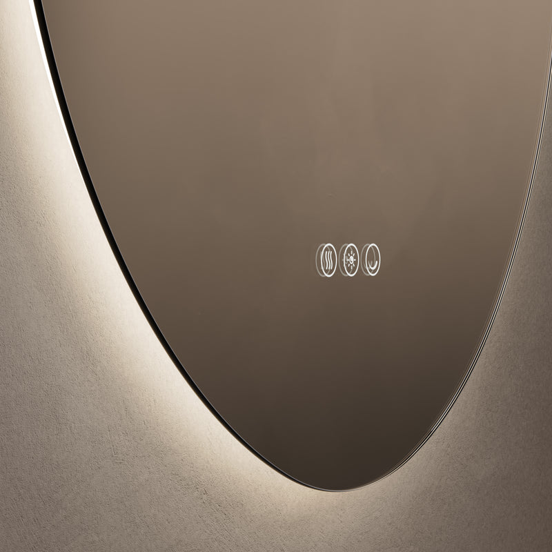 Close-up of touch sensor and demister feature on Claris Organic 60 x 58cm LED mirror - Origins Living mirror by BathLab