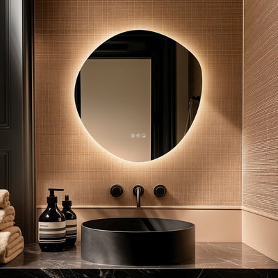 Claris Organic 60 x 58cm LED bathroom mirror with touch sensor and backlit frame, styled in a luxury bathroom with matt black tap and modern basin - Origins Living mirror at BathLab