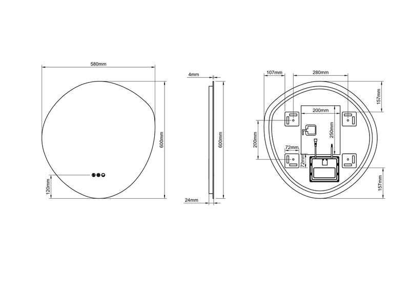 Technical dimensions diagram for Claris Organic 60 x 58cm LED bathroom mirror - Origins Living at BathLab