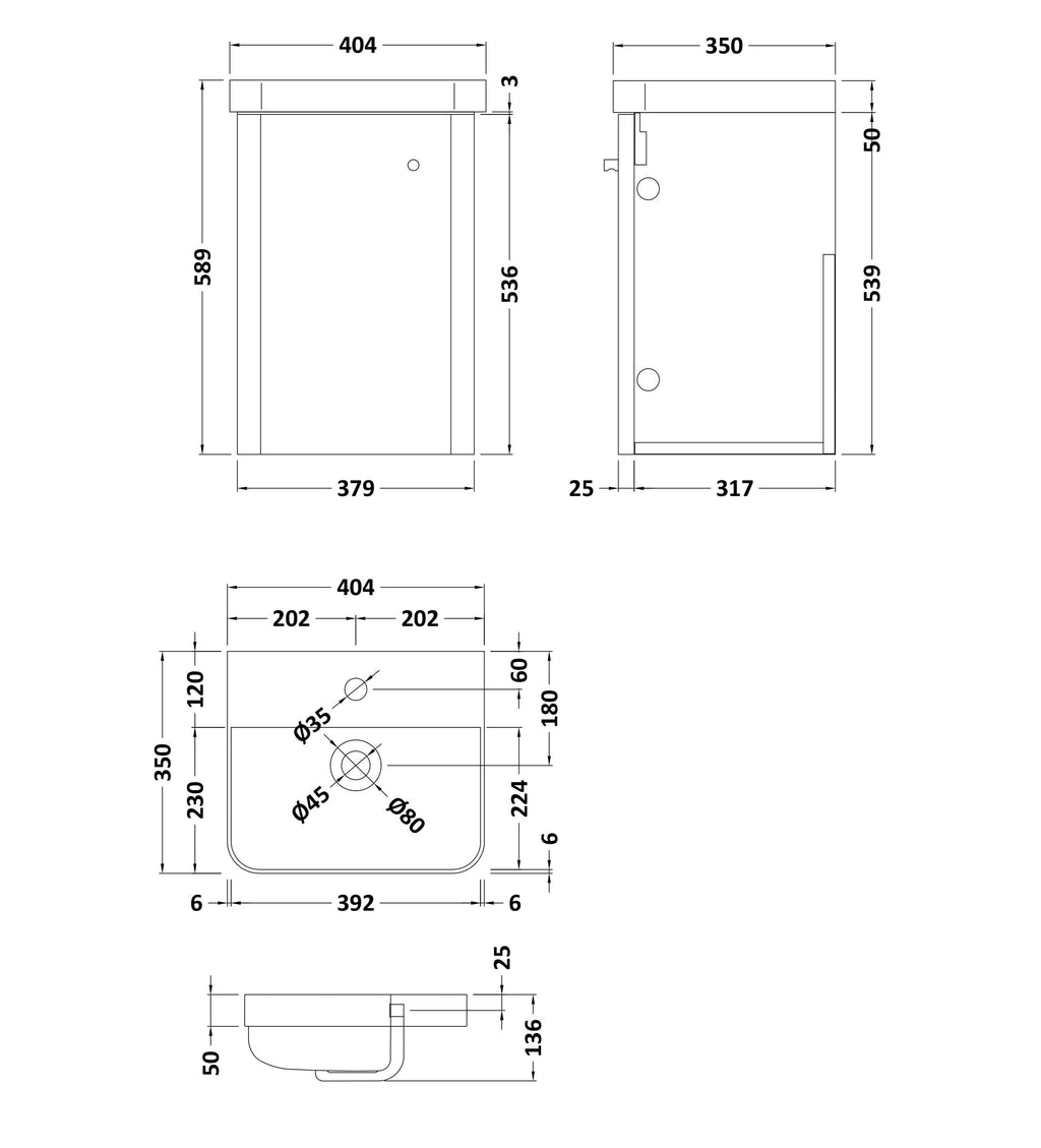 Core 400 x 335mm Wall Hung Cloakroom Vanity Unit With 1 Door & Ceramic Basin - Autumn Oak Woodgrain
