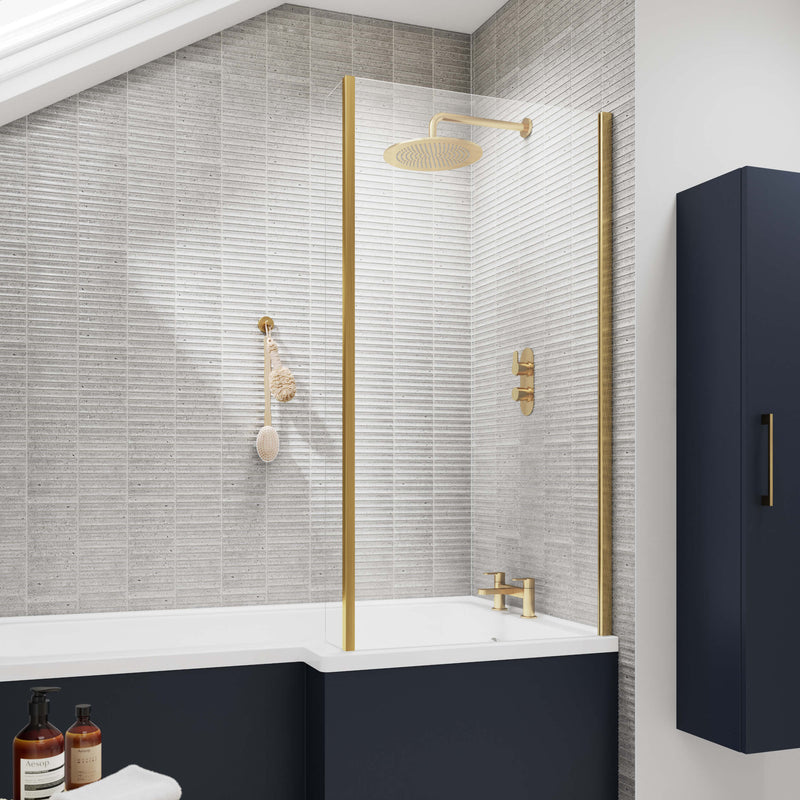 Cape Brushed Brass 6mm L Shape Shower Bath Screen With Fixed Return - 815mm