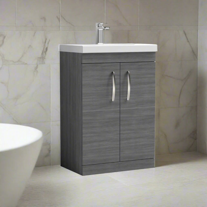 Cape 600mm Floor Standing 2 Door Vanity Unit & Thin Edge Basin - Anthracite Woodgrain