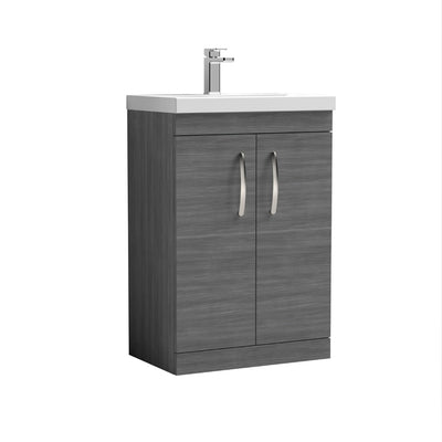 Cape 600mm Floor Standing 2 Door Vanity Unit & Thin Edge Basin - Anthracite Woodgrain