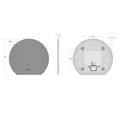 Technical dimensions diagram for Claris Round Cut 100 x 90cm LED bathroom mirror - Origins Living at BathLab