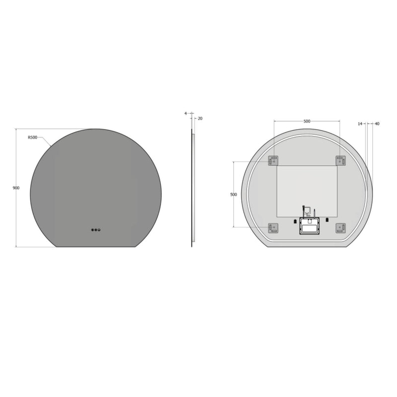 Technical dimensions diagram for Claris Round Cut 100 x 90cm LED bathroom mirror - Origins Living at BathLab